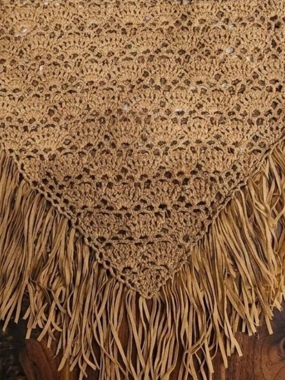 Handcrafted Tan Crochet Fringe Shawl - Women Accessories
